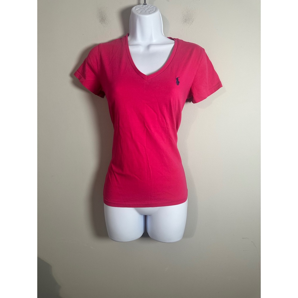 Polo Ralph Lauren Womens Pink V-Neck Short Sleeve Cotton Pony Logo T-Shirt S